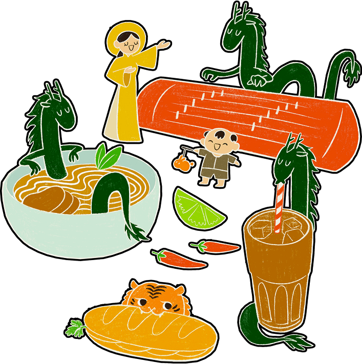 Illustration de plats vietnamiens : phở, bánh mì et café glacé accompagnés de dragons et d'un tigre